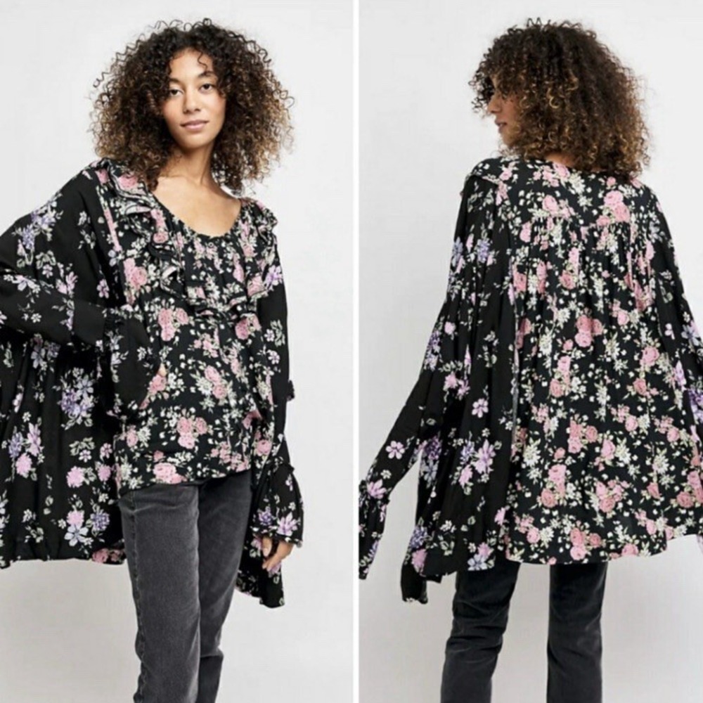 FREE PEOPLE LORETTA Blouse Tunic‎ Floral Black Sz Medium